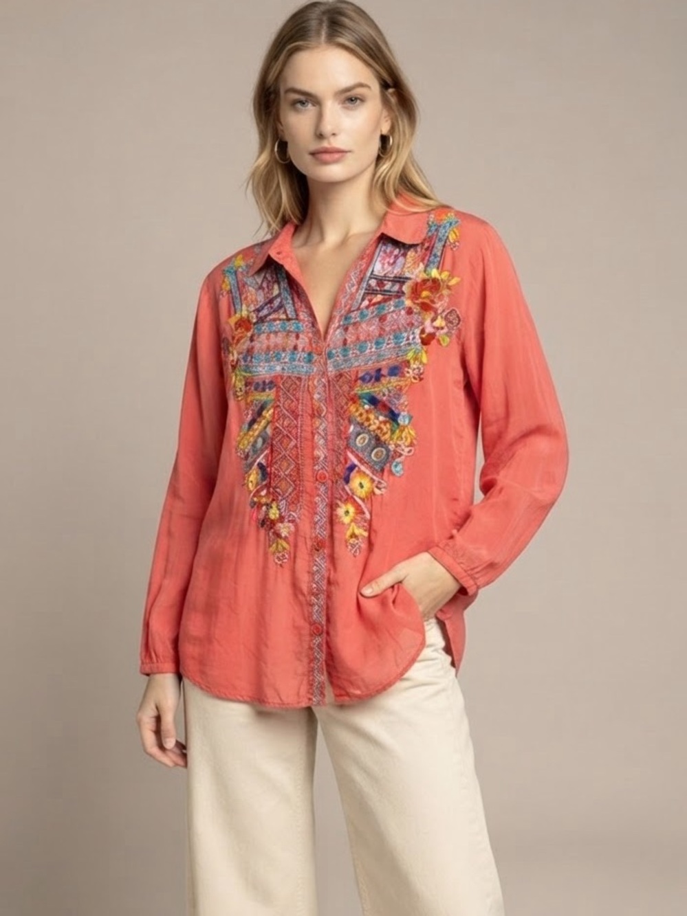 Johnny Was coral pink embroidered blouse boho